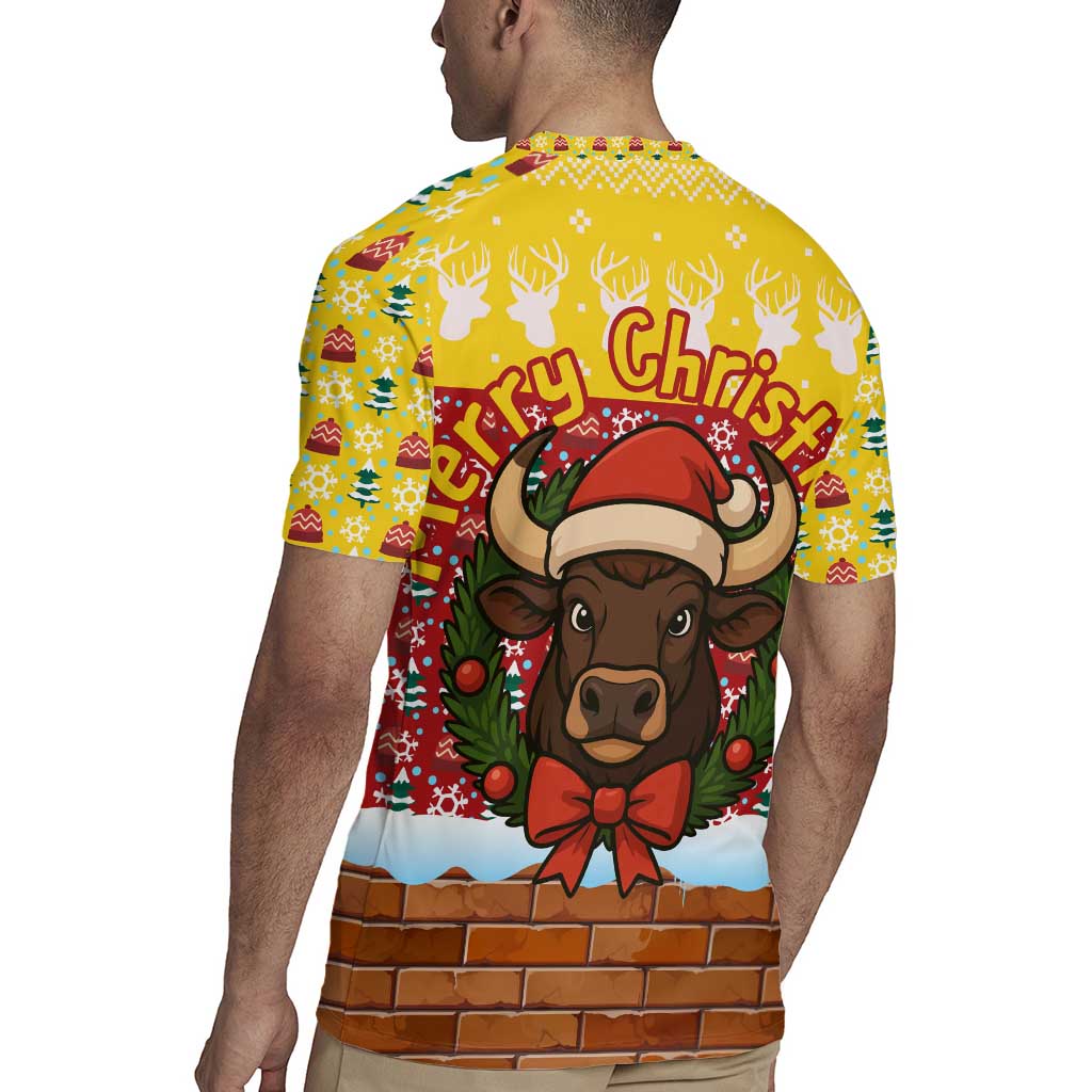 Spain Christmas Rugby Jersey with Santa Bull Brick Chimney Wreath and Festive Holiday - Wonder Print Shop