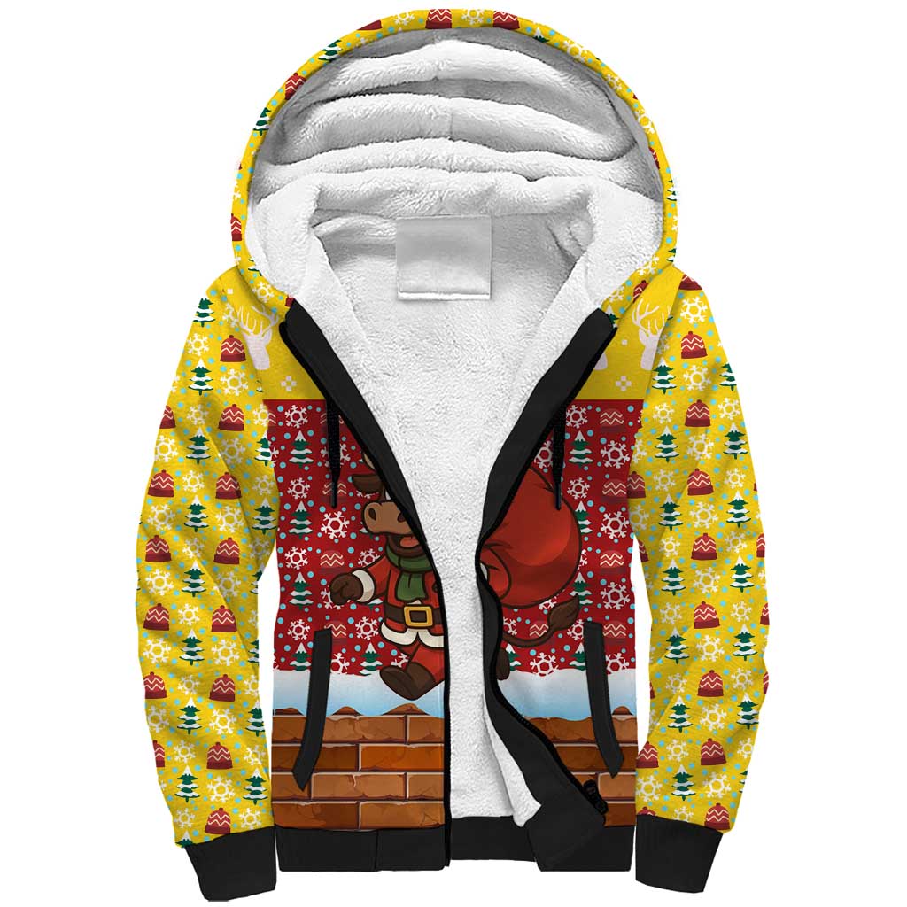 Spain Christmas Sherpa Hoodie with Santa Bull Brick Chimney Wreath and Festive Holiday - Wonder Print Shop