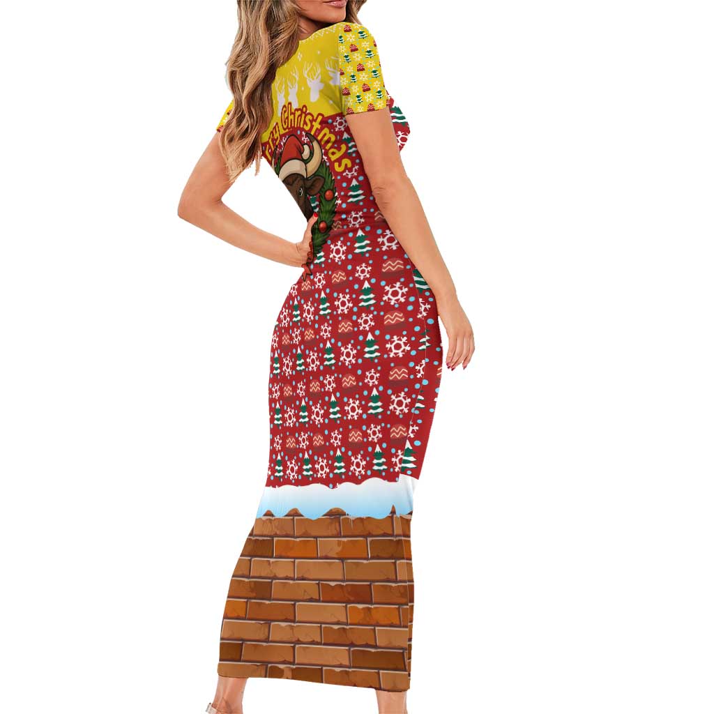 Spain Christmas Short Sleeve Bodycon Dress with Santa Bull Brick Chimney Wreath and Festive Holiday - Wonder Print Shop