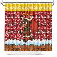 Spain Christmas Shower Curtain with Santa Bull Brick Chimney Wreath and Festive Holiday - Wonder Print Shop