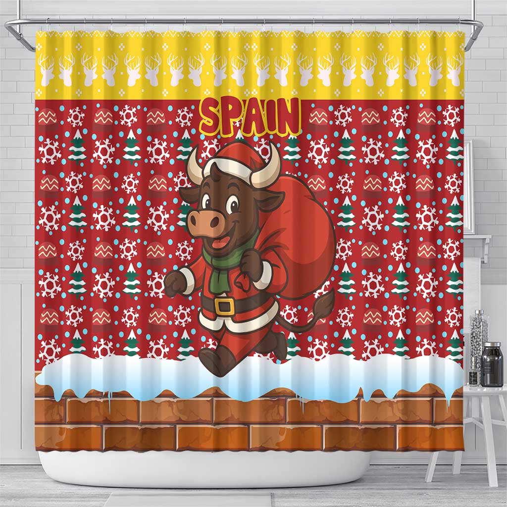 Spain Christmas Shower Curtain with Santa Bull Brick Chimney Wreath and Festive Holiday - Wonder Print Shop