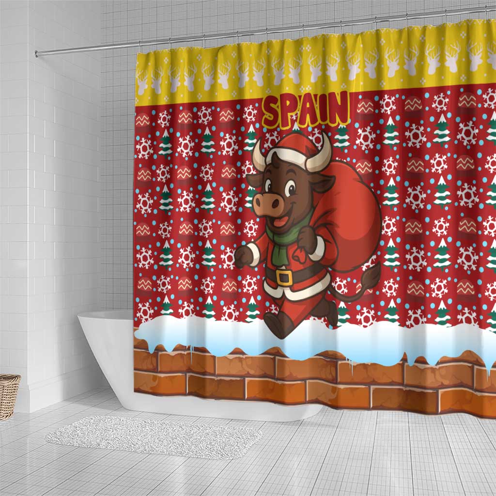 Spain Christmas Shower Curtain with Santa Bull Brick Chimney Wreath and Festive Holiday - Wonder Print Shop