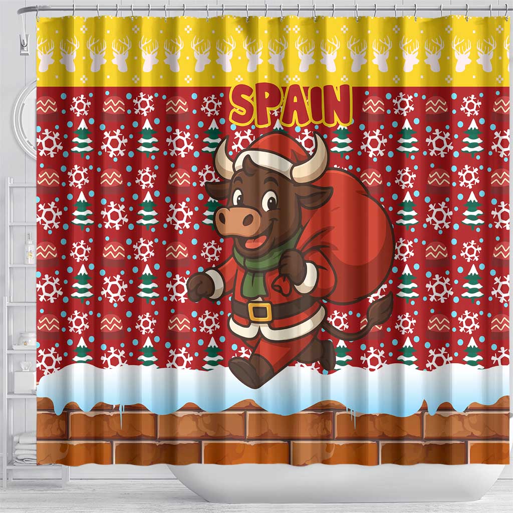 Spain Christmas Shower Curtain with Santa Bull Brick Chimney Wreath and Festive Holiday - Wonder Print Shop