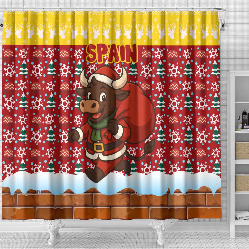 Spain Christmas Shower Curtain with Santa Bull Brick Chimney Wreath and Festive Holiday - Wonder Print Shop