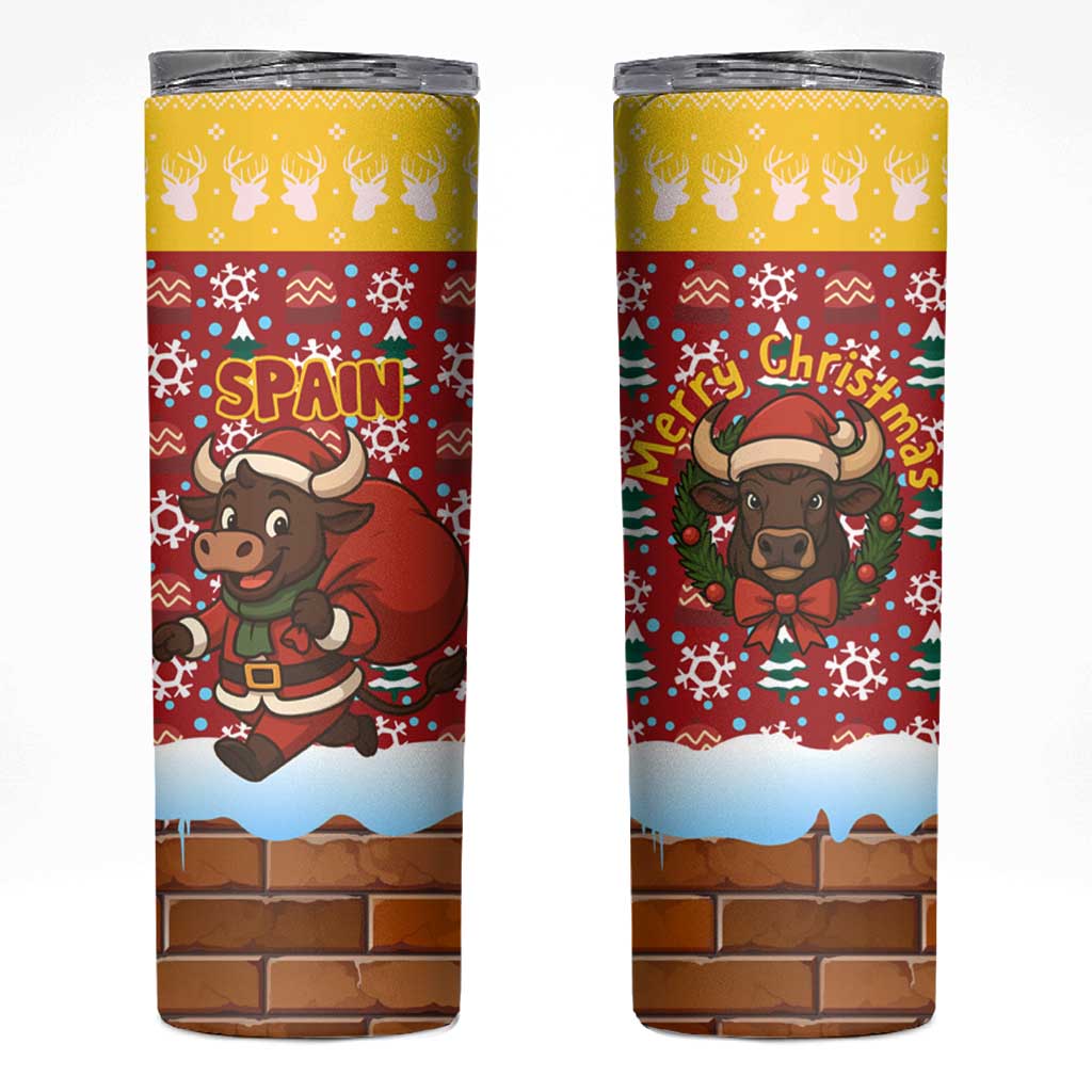 Spain Christmas Skinny Tumbler with Santa Bull Brick Chimney Wreath and Festive Holiday - Wonder Print Shop