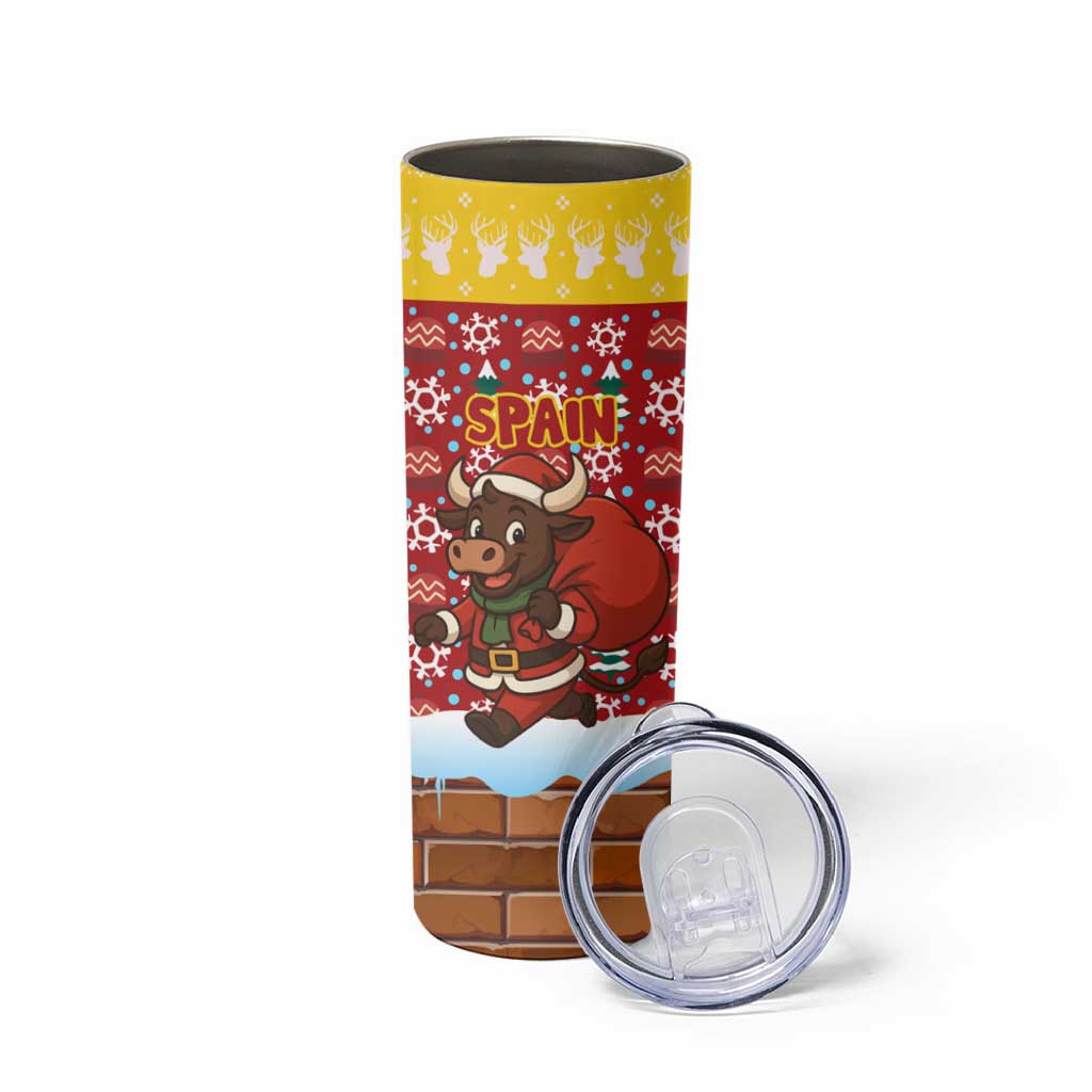 Spain Christmas Skinny Tumbler with Santa Bull Brick Chimney Wreath and Festive Holiday - Wonder Print Shop