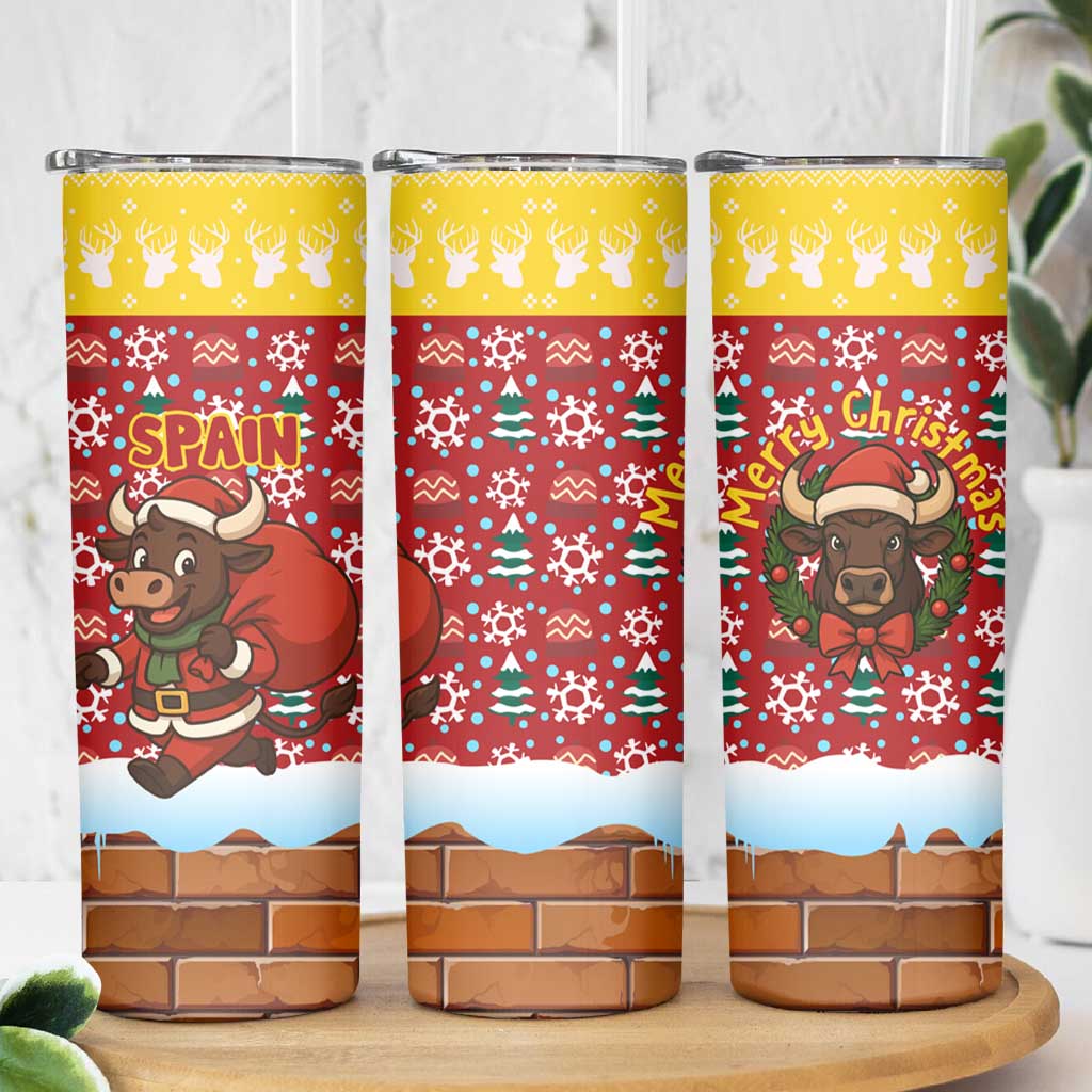 Spain Christmas Skinny Tumbler with Santa Bull Brick Chimney Wreath and Festive Holiday - Wonder Print Shop