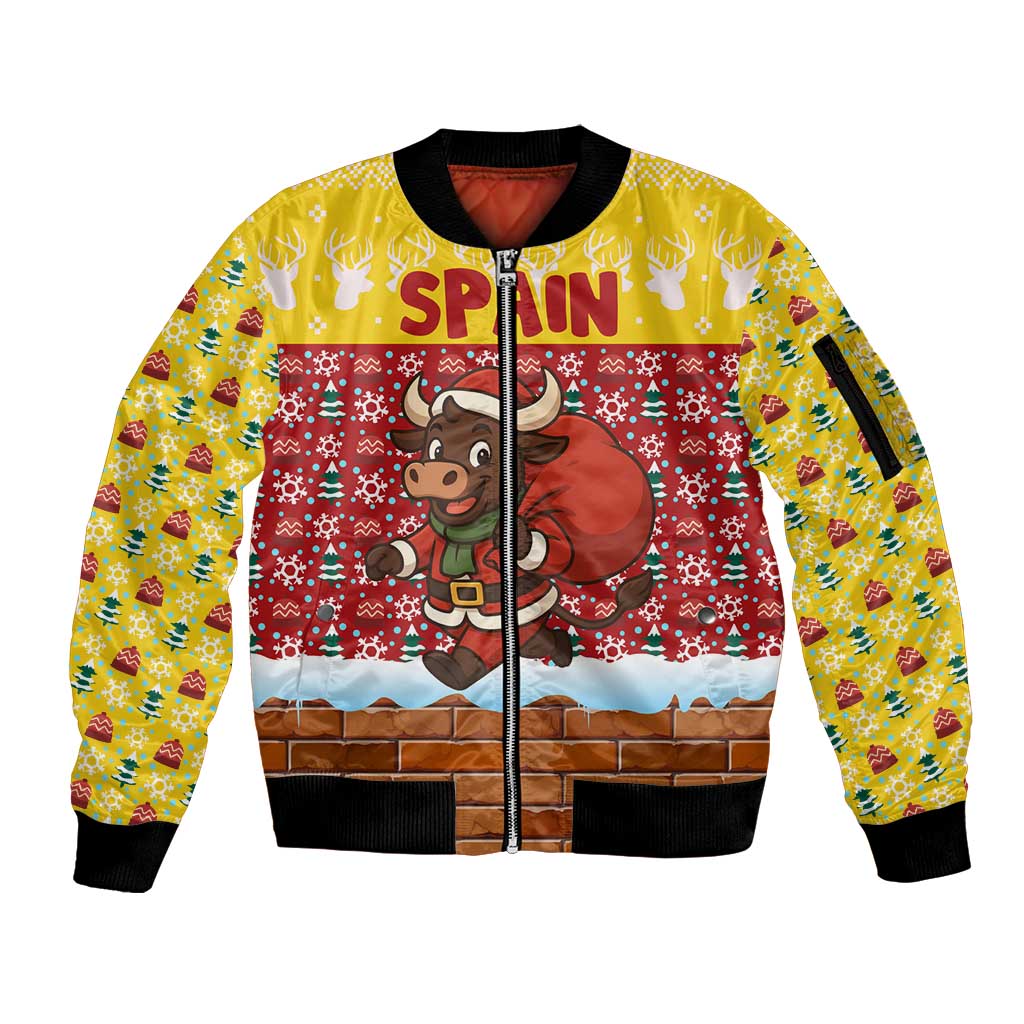 Spain Christmas Sleeve Zip Bomber Jacket with Santa Bull Brick Chimney Wreath and Festive Holiday - Wonder Print Shop