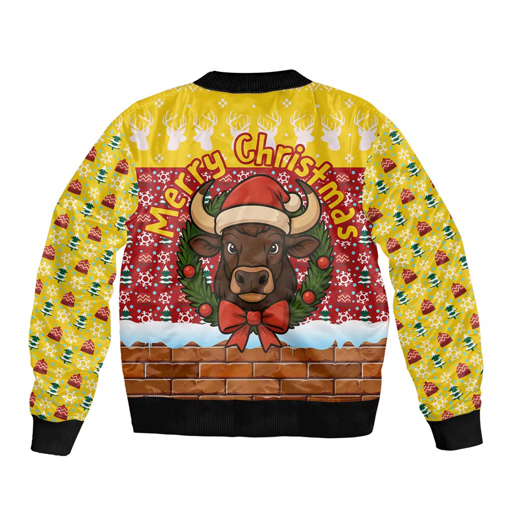 Spain Christmas Sleeve Zip Bomber Jacket with Santa Bull Brick Chimney Wreath and Festive Holiday - Wonder Print Shop