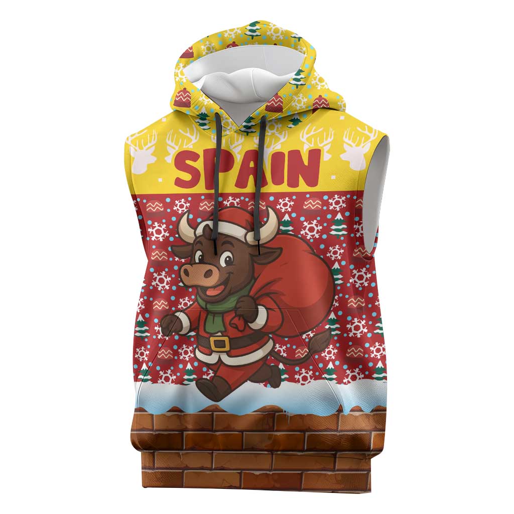 Spain Christmas Sleeveless Hoodie with Santa Bull Brick Chimney Wreath and Festive Holiday - Wonder Print Shop