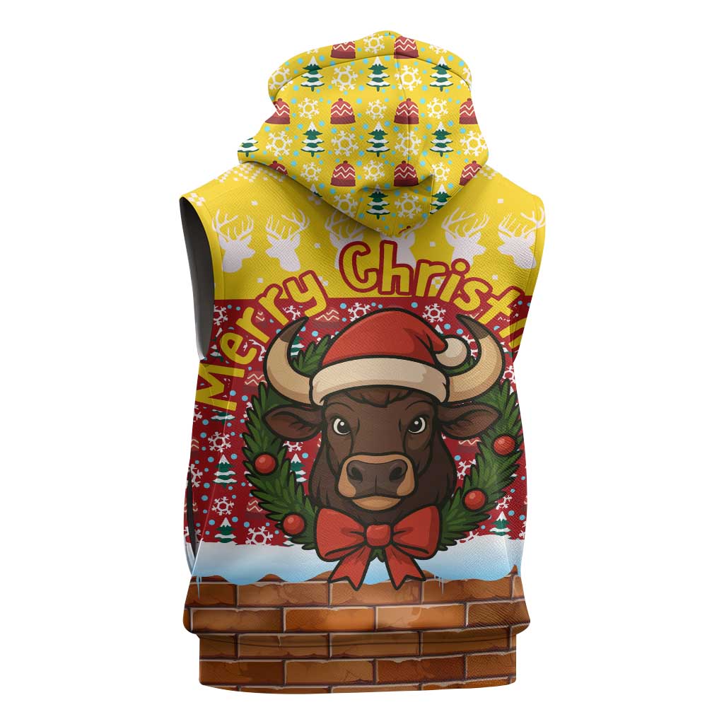 Spain Christmas Sleeveless Hoodie with Santa Bull Brick Chimney Wreath and Festive Holiday - Wonder Print Shop