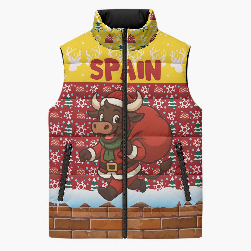 Spain Christmas Sleeveless Puffer Jacket with Santa Bull Brick Chimney Wreath and Festive Holiday - Wonder Print Shop