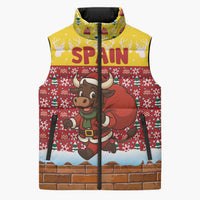 Spain Christmas Sleeveless Puffer Jacket with Santa Bull Brick Chimney Wreath and Festive Holiday - Wonder Print Shop