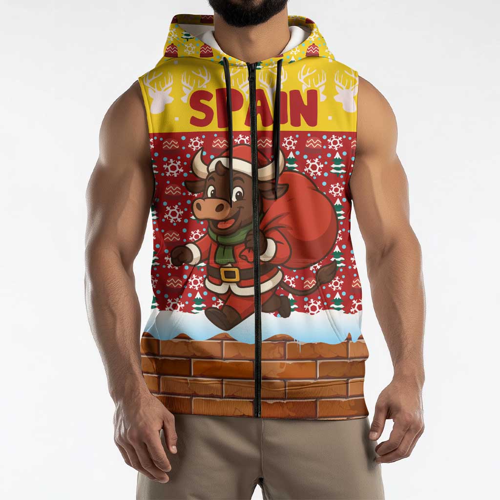 Spain Christmas Sleeveless Zip Hoodie with Santa Bull Brick Chimney Wreath and Festive Holiday - Wonder Print Shop