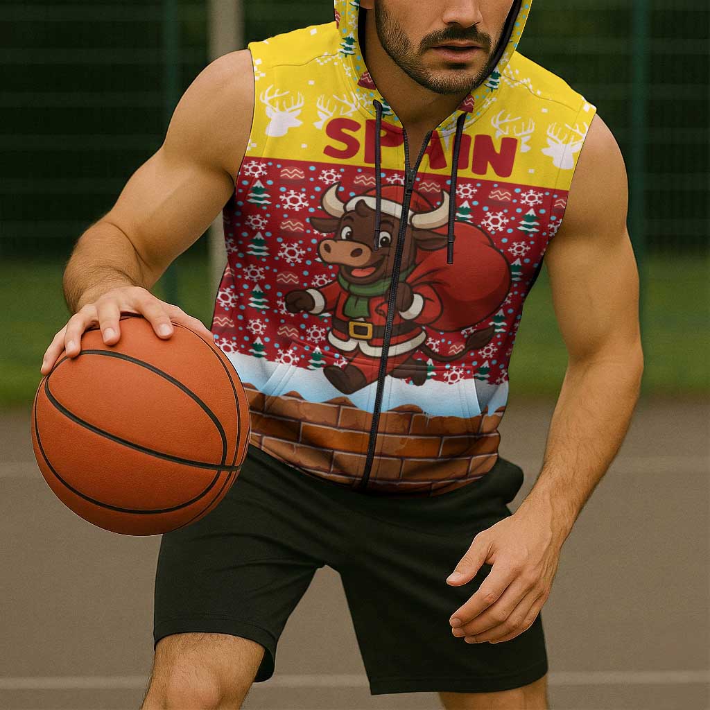 Spain Christmas Sleeveless Zip Hoodie with Santa Bull Brick Chimney Wreath and Festive Holiday - Wonder Print Shop