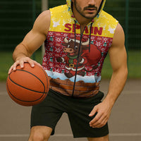 Spain Christmas Sleeveless Zip Hoodie with Santa Bull Brick Chimney Wreath and Festive Holiday - Wonder Print Shop