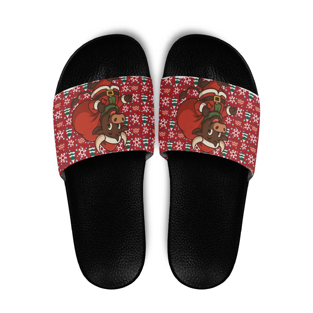Spain Christmas Slide Sandals with Santa Bull Brick Chimney Wreath and Festive Holiday - Wonder Print Shop