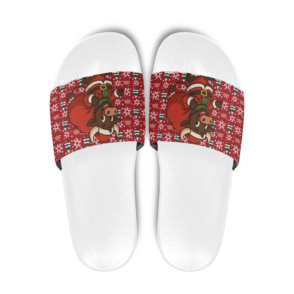 Spain Christmas Slide Sandals with Santa Bull Brick Chimney Wreath and Festive Holiday - Wonder Print Shop