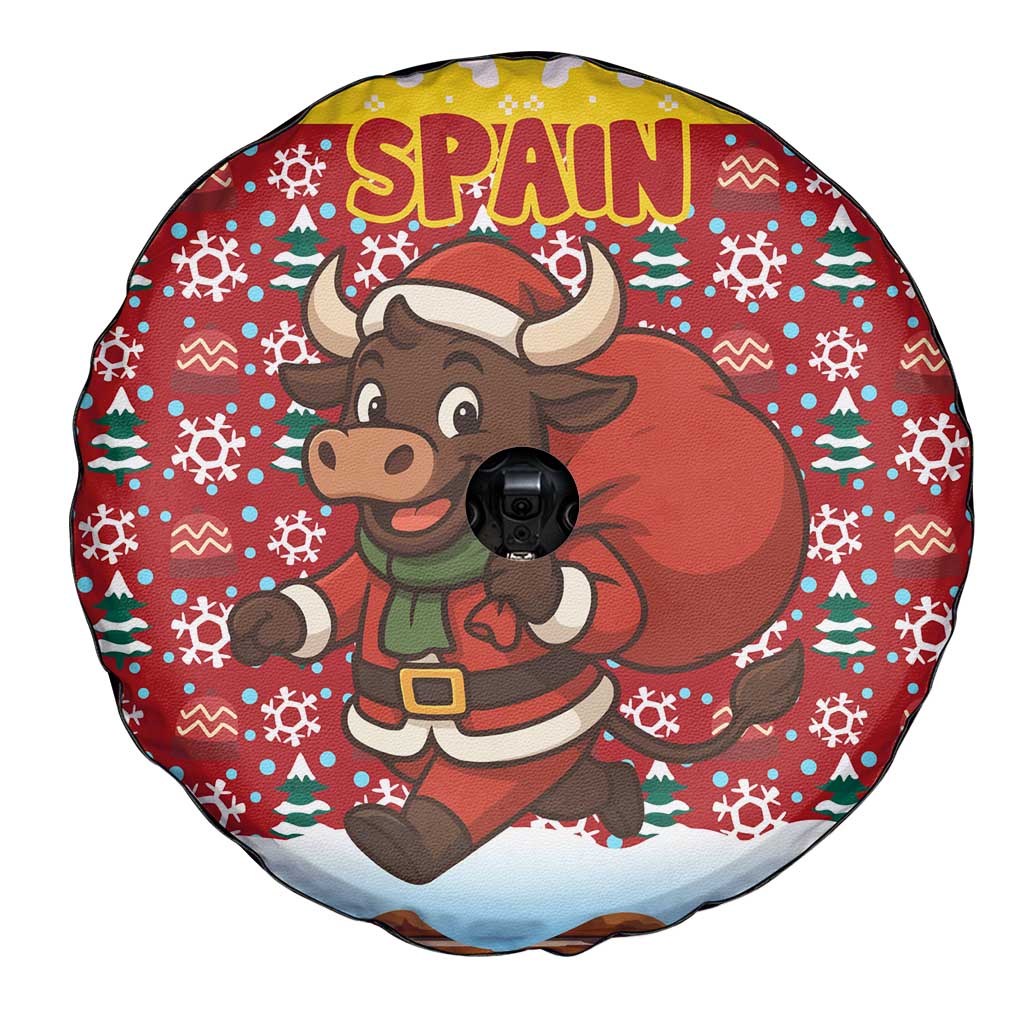 Spain Christmas Spare Tire Cover with Santa Bull Brick Chimney Wreath and Festive Holiday - Wonder Print Shop