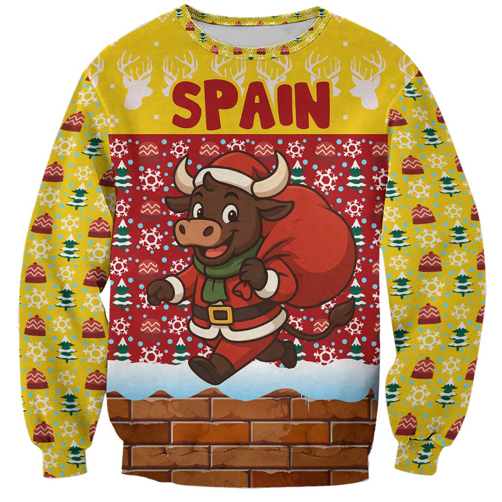 Spain Christmas Sweatshirt with Santa Bull Brick Chimney Wreath and Festive Holiday - Wonder Print Shop