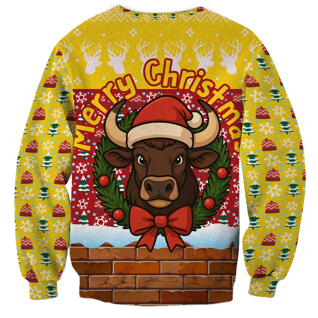 Spain Christmas Sweatshirt with Santa Bull Brick Chimney Wreath and Festive Holiday - Wonder Print Shop