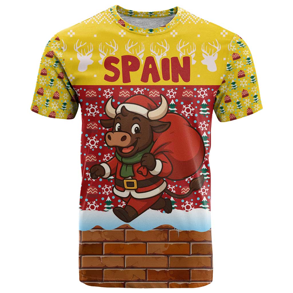 Spain Christmas T Shirt with Santa Bull Brick Chimney Wreath and Festive Holiday - Wonder Print Shop