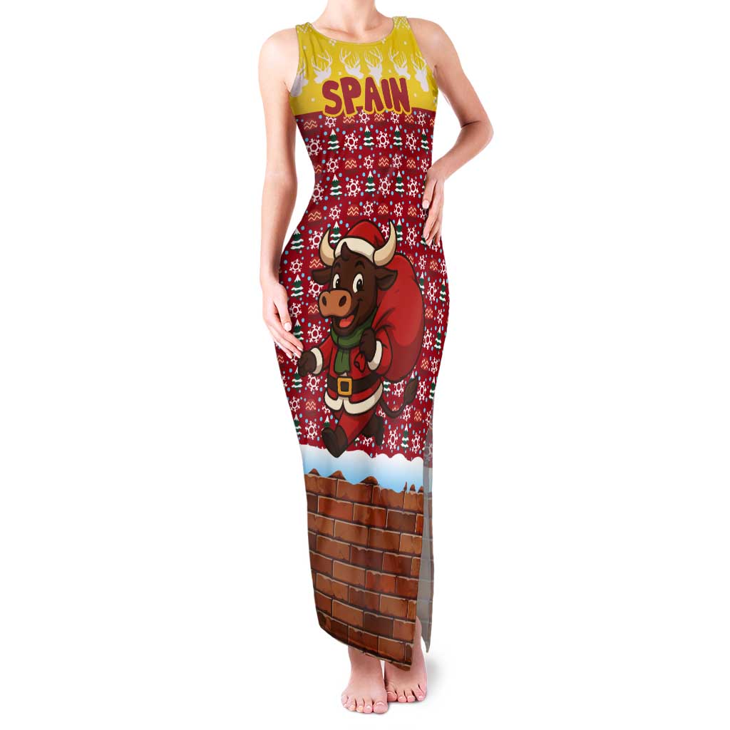 Spain Christmas Tank Maxi Dress with Santa Bull Brick Chimney Wreath and Festive Holiday - Wonder Print Shop