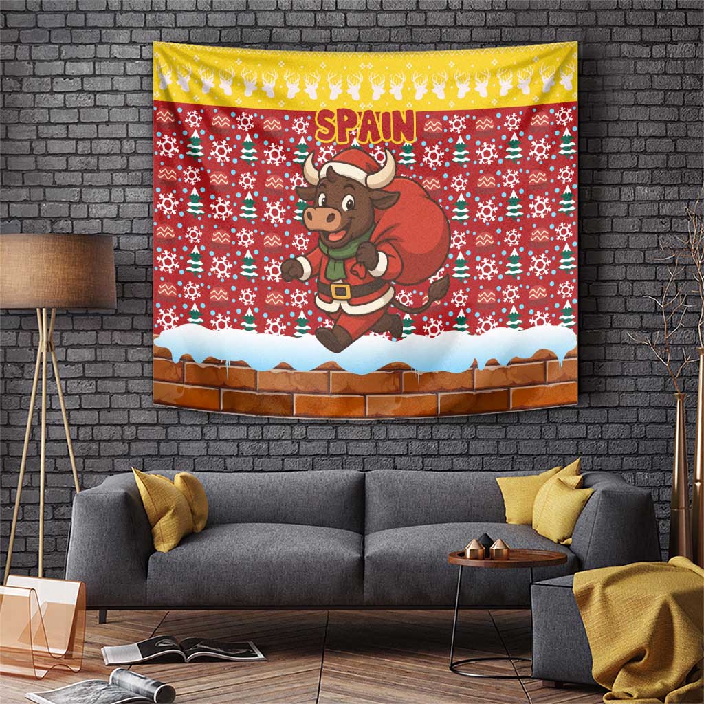 Spain Christmas Tapestry with Santa Bull Brick Chimney Wreath and Festive Holiday - Wonder Print Shop