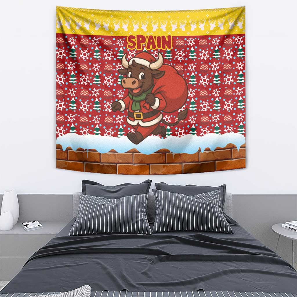 Spain Christmas Tapestry with Santa Bull Brick Chimney Wreath and Festive Holiday - Wonder Print Shop