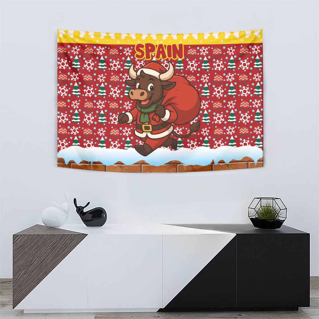 Spain Christmas Tapestry with Santa Bull Brick Chimney Wreath and Festive Holiday - Wonder Print Shop