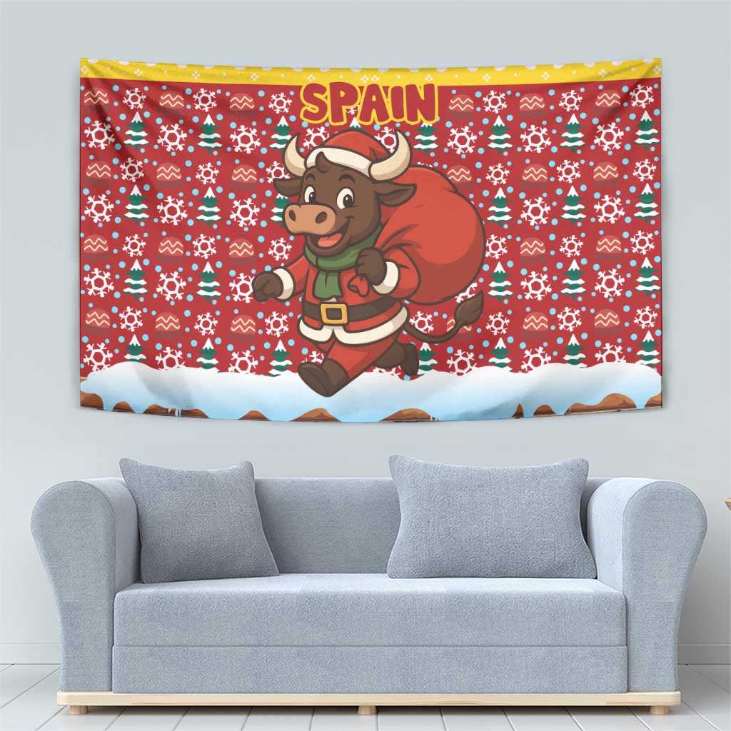Spain Christmas Tapestry with Santa Bull Brick Chimney Wreath and Festive Holiday - Wonder Print Shop