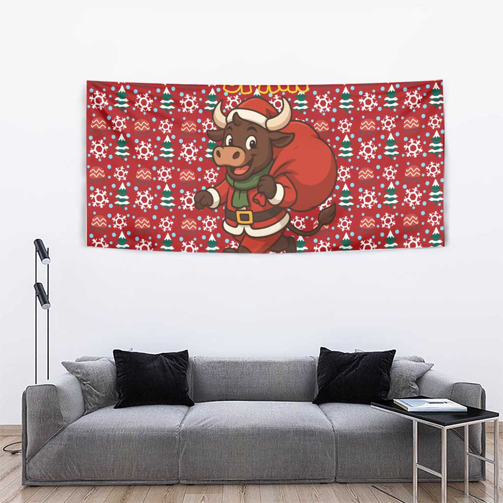 Spain Christmas Tapestry with Santa Bull Brick Chimney Wreath and Festive Holiday - Wonder Print Shop