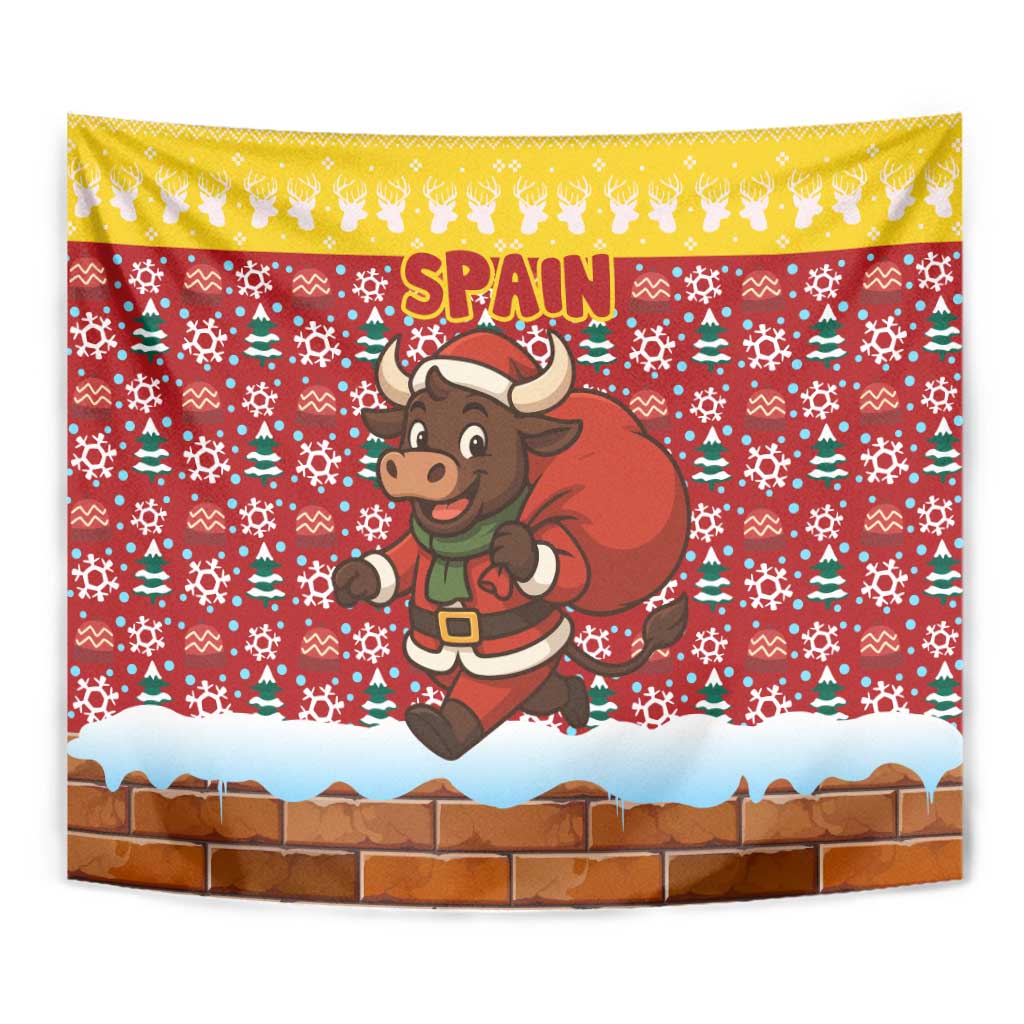 Spain Christmas Tapestry with Santa Bull Brick Chimney Wreath and Festive Holiday - Wonder Print Shop