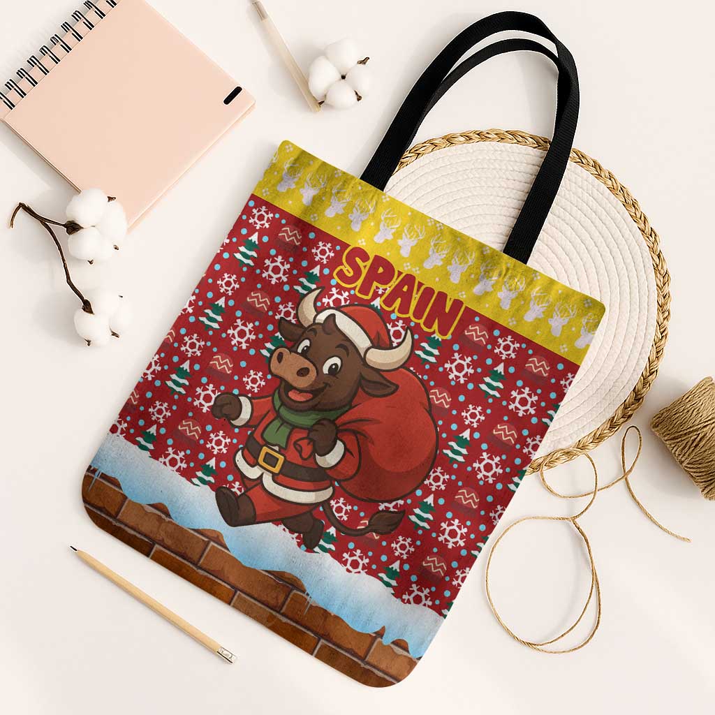 Spain Christmas Tote Bag with Santa Bull Brick Chimney Wreath and Festive Holiday - Wonder Print Shop