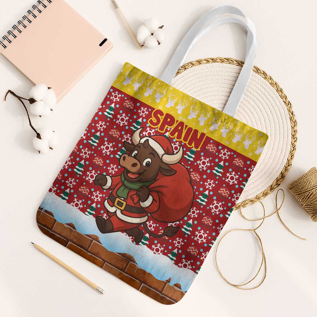 Spain Christmas Tote Bag with Santa Bull Brick Chimney Wreath and Festive Holiday - Wonder Print Shop