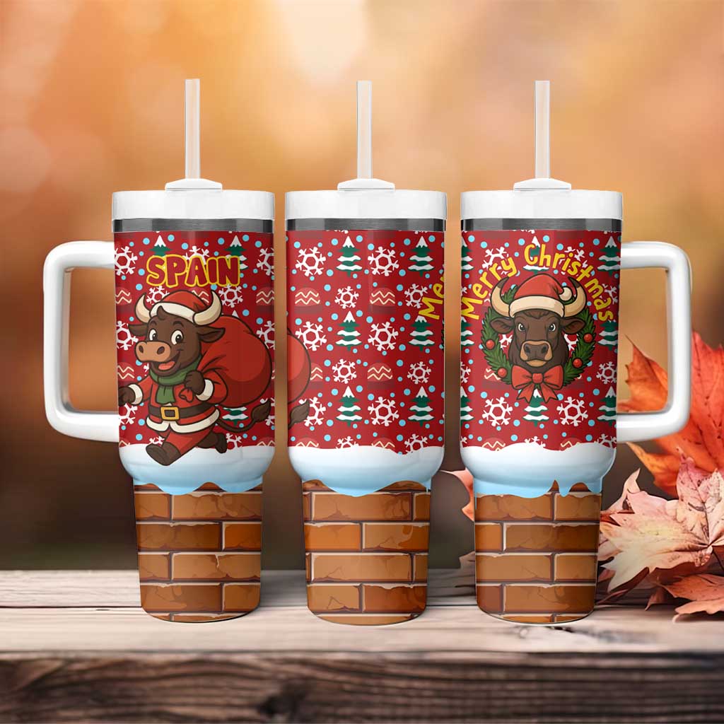 Spain Christmas Tumbler With Handle with Santa Bull Brick Chimney Wreath and Festive Holiday - Wonder Print Shop