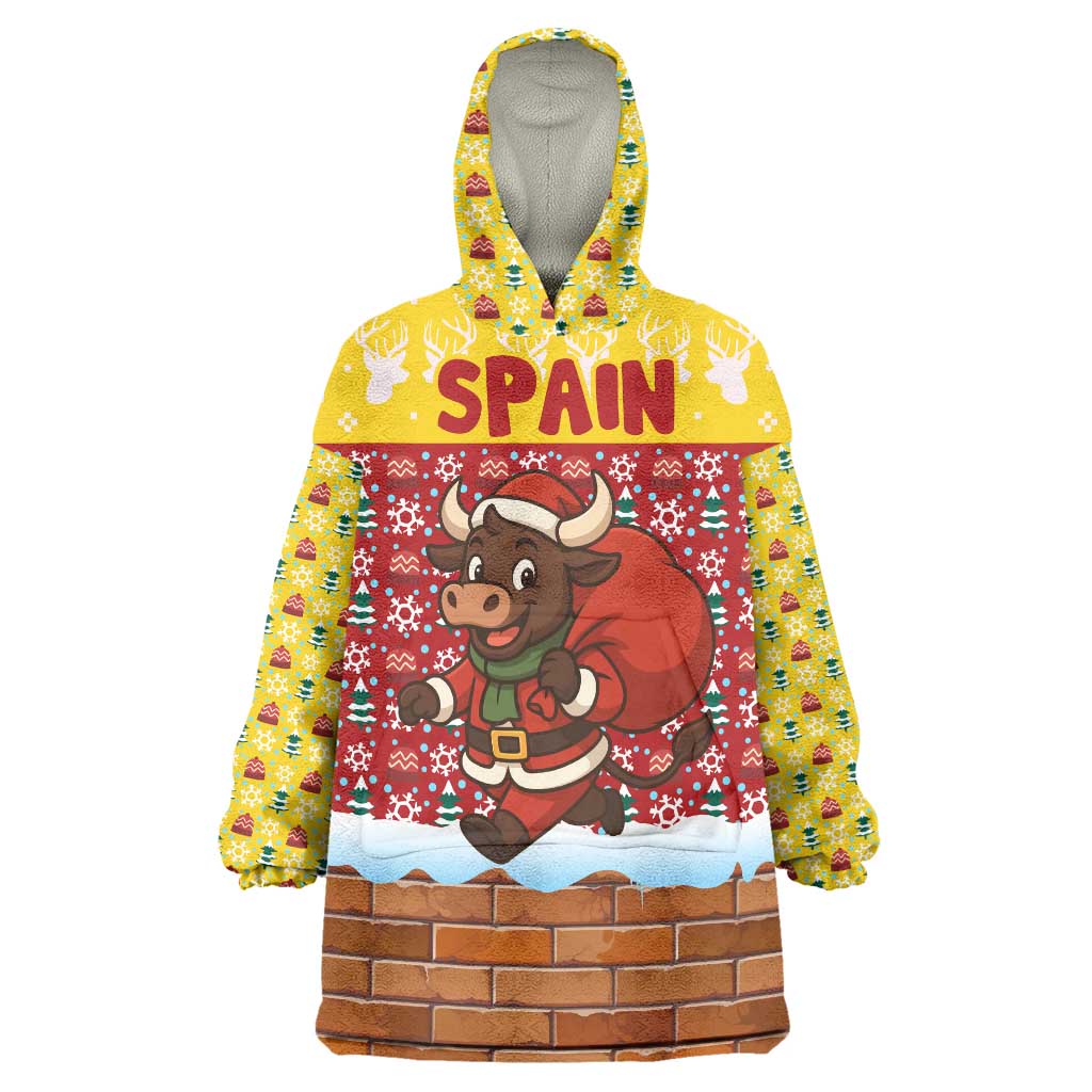 Spain Christmas Wearable Blanket Hoodie with Santa Bull Brick Chimney Wreath and Festive Holiday - Wonder Print Shop