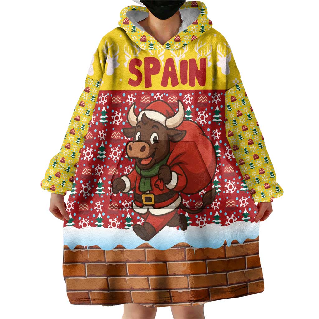 Spain Christmas Wearable Blanket Hoodie with Santa Bull Brick Chimney Wreath and Festive Holiday - Wonder Print Shop