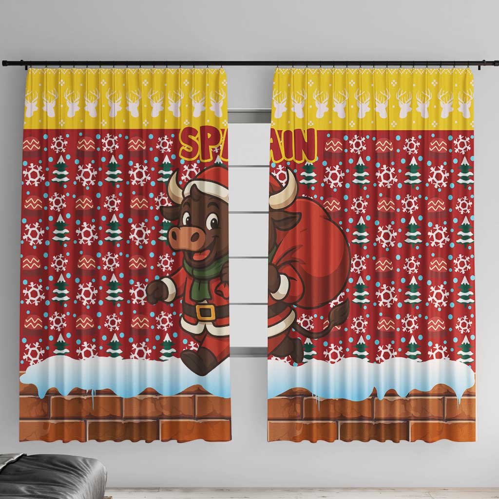 Spain Christmas Window Curtain with Santa Bull Brick Chimney Wreath and Festive Holiday - Wonder Print Shop