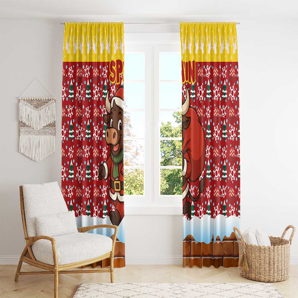Spain Christmas Window Curtain with Santa Bull Brick Chimney Wreath and Festive Holiday - Wonder Print Shop