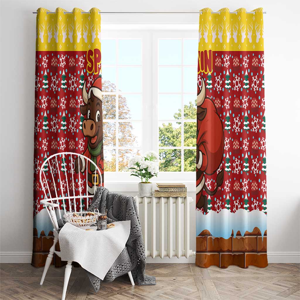 Spain Christmas Window Curtain with Santa Bull Brick Chimney Wreath and Festive Holiday - Wonder Print Shop