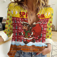 Spain Christmas Women Casual Shirt with Santa Bull Brick Chimney Wreath and Festive Holiday - Wonder Print Shop