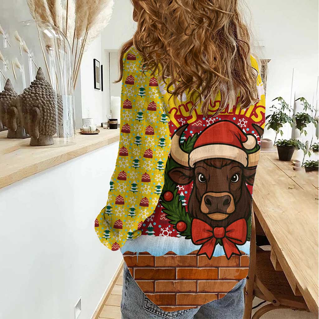 Spain Christmas Women Casual Shirt with Santa Bull Brick Chimney Wreath and Festive Holiday - Wonder Print Shop