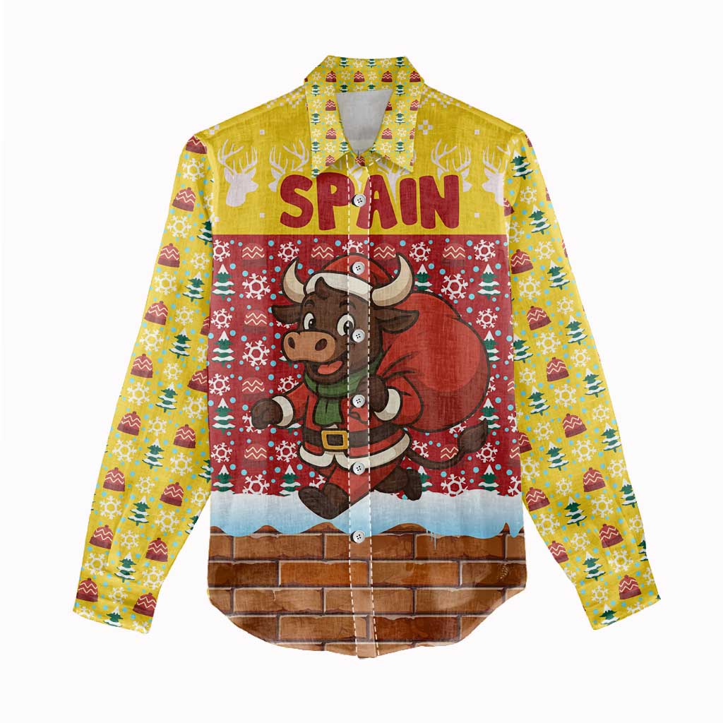 Spain Christmas Women Casual Shirt with Santa Bull Brick Chimney Wreath and Festive Holiday - Wonder Print Shop