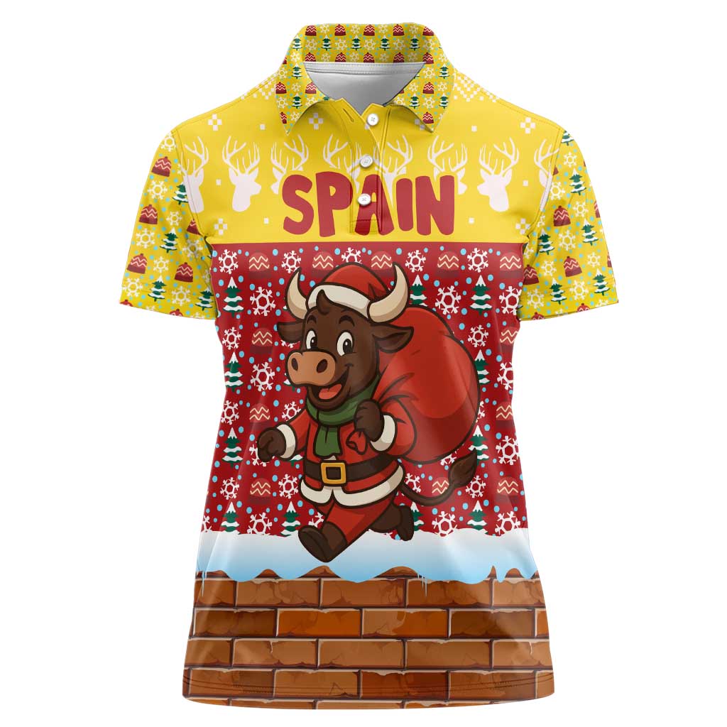 Spain Christmas Women Polo Shirt with Santa Bull Brick Chimney Wreath and Festive Holiday - Wonder Print Shop