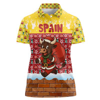 Spain Christmas Women Polo Shirt with Santa Bull Brick Chimney Wreath and Festive Holiday - Wonder Print Shop