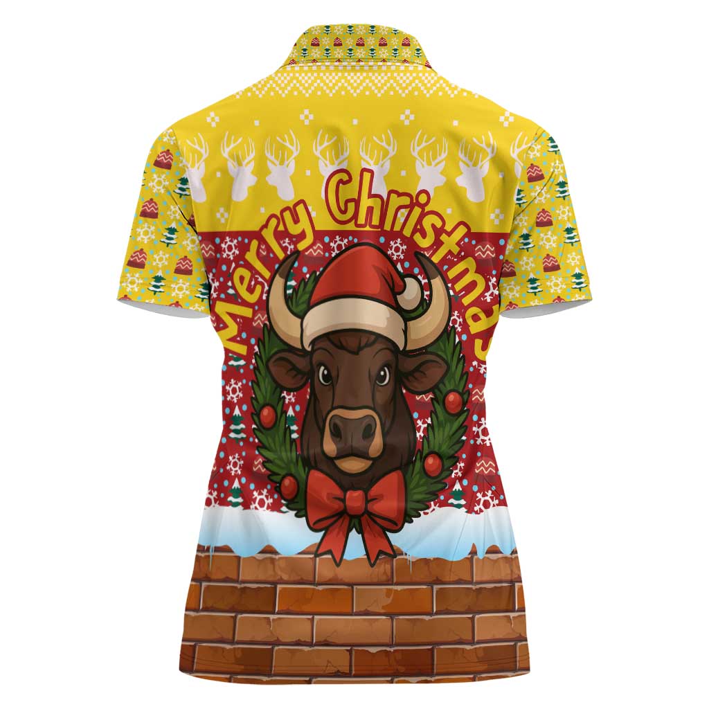 Spain Christmas Women Polo Shirt with Santa Bull Brick Chimney Wreath and Festive Holiday - Wonder Print Shop