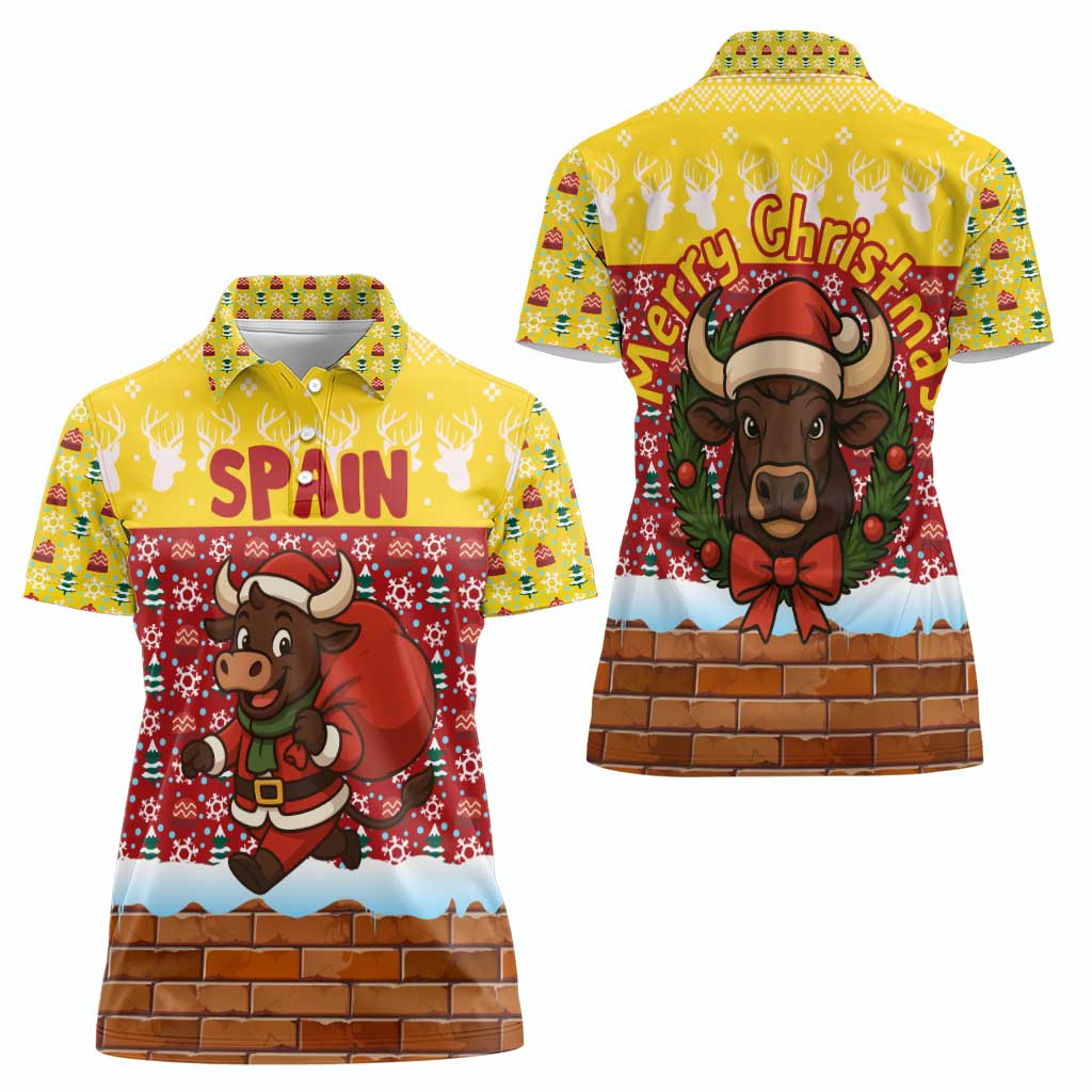 Spain Christmas Women Polo Shirt with Santa Bull Brick Chimney Wreath and Festive Holiday - Wonder Print Shop