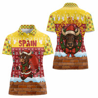 Spain Christmas Women Polo Shirt with Santa Bull Brick Chimney Wreath and Festive Holiday - Wonder Print Shop