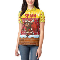 Spain Christmas Women Polo Shirt with Santa Bull Brick Chimney Wreath and Festive Holiday - Wonder Print Shop